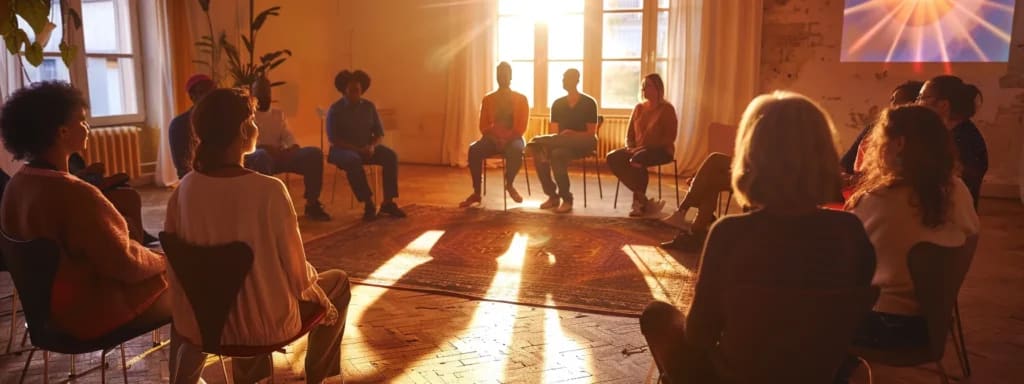 A circle of people gathered in warm light