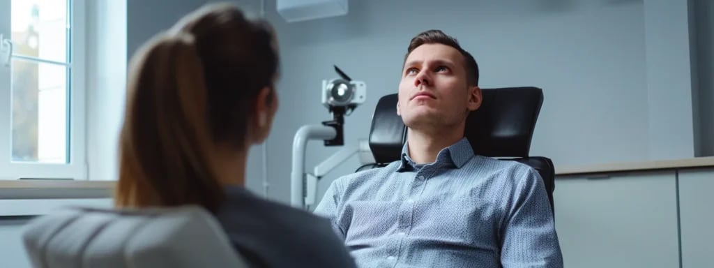 A patient in a calm moment of focused reflection in a clinical setting