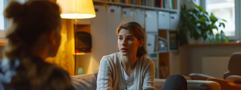 Two people in an intimate conversation in a cozy living room
