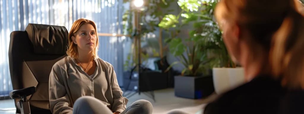 An intimate therapy session with a plant in the background