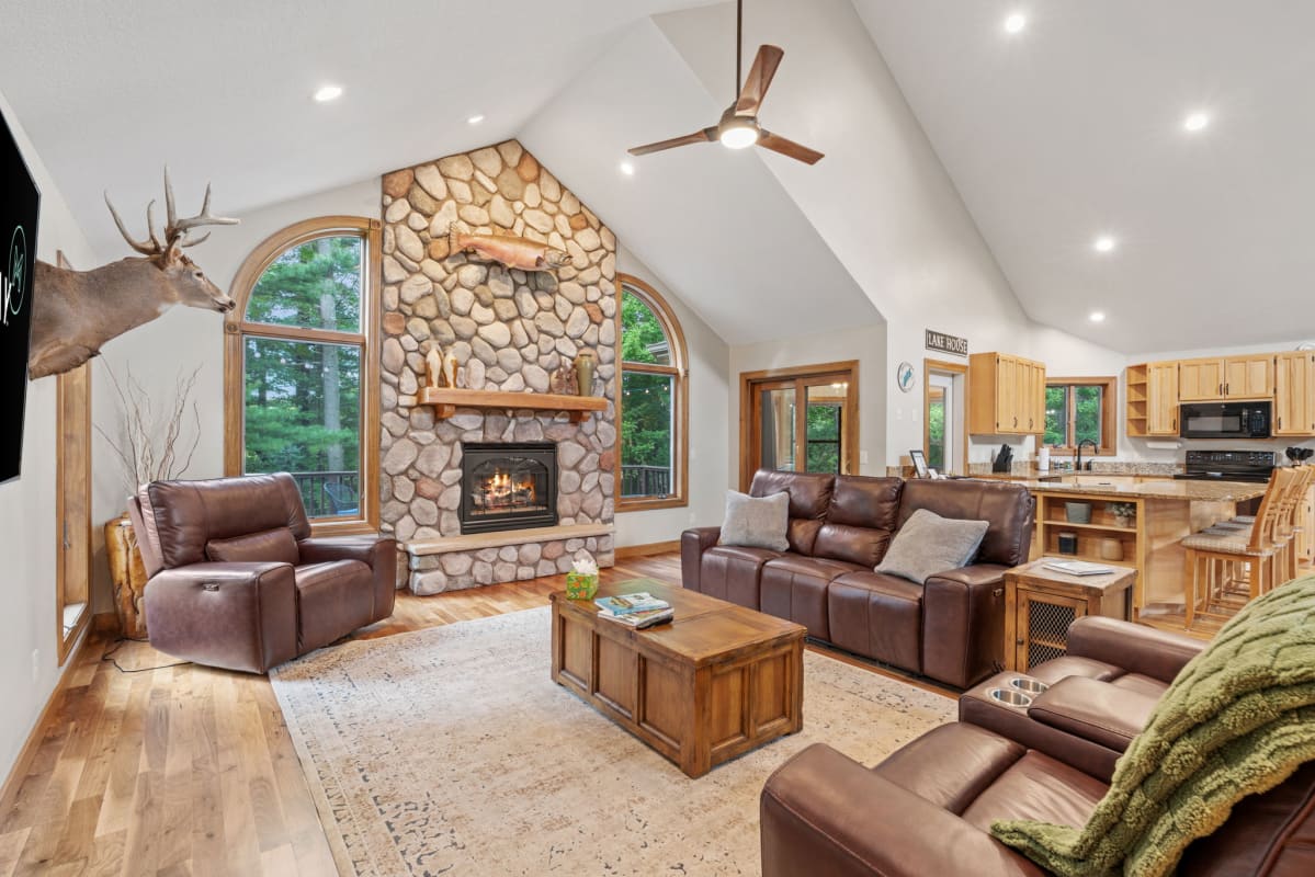 Cozy living room with a rustic charm and modern amenities.
