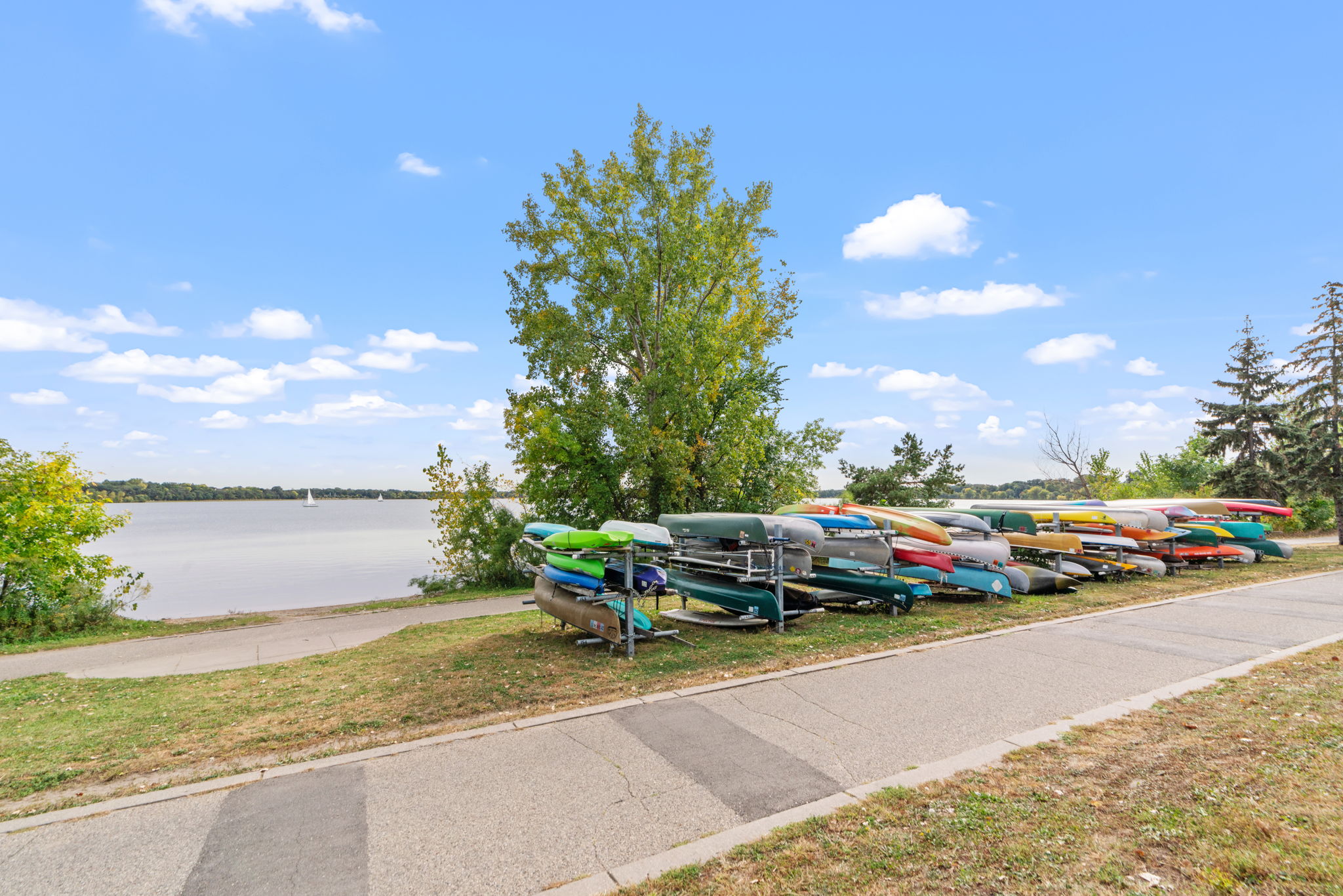 A vibrant collection of kayaks by a tranquil lake under a bright blue sky.