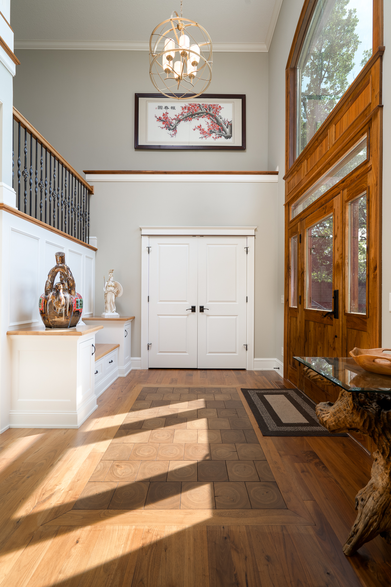 A beautifully designed foyer with natural elements and modern touches.
