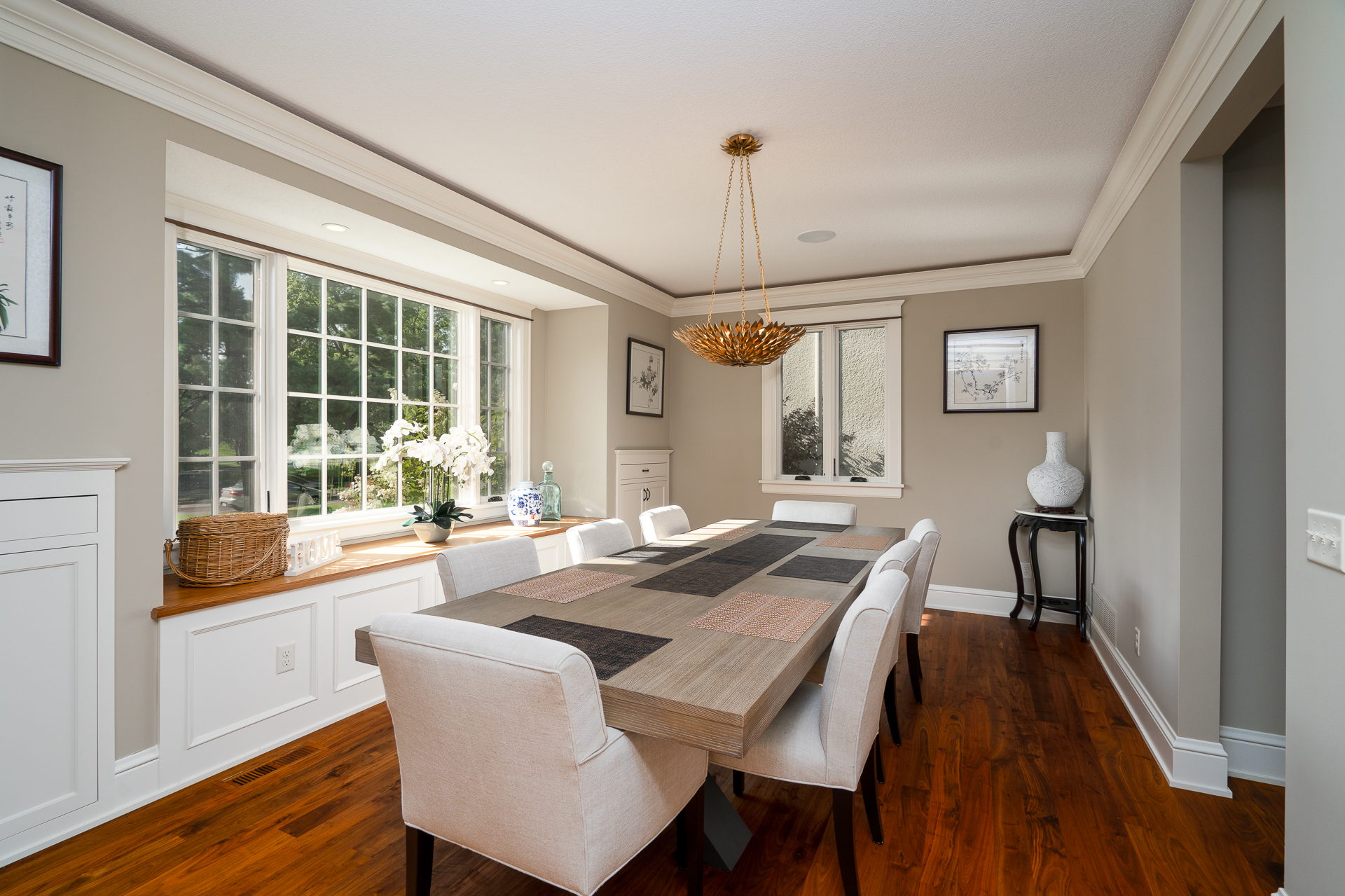 Elegant dining room with a touch of sophistication and warmth.