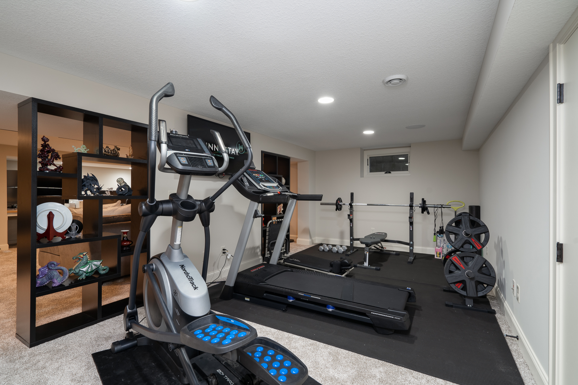 A modern home gym setup in a cozy basement.