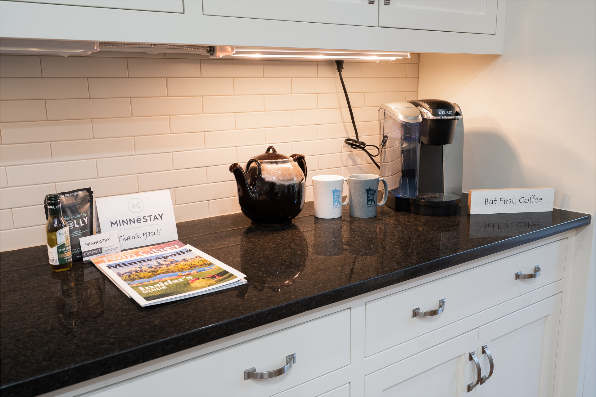 A cozy coffee nook with inviting details on a kitchen countertop.