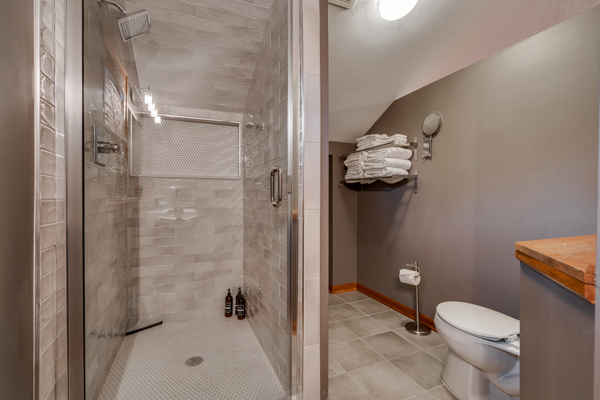 A modern walk-in shower and neatly organized bathroom essentials.