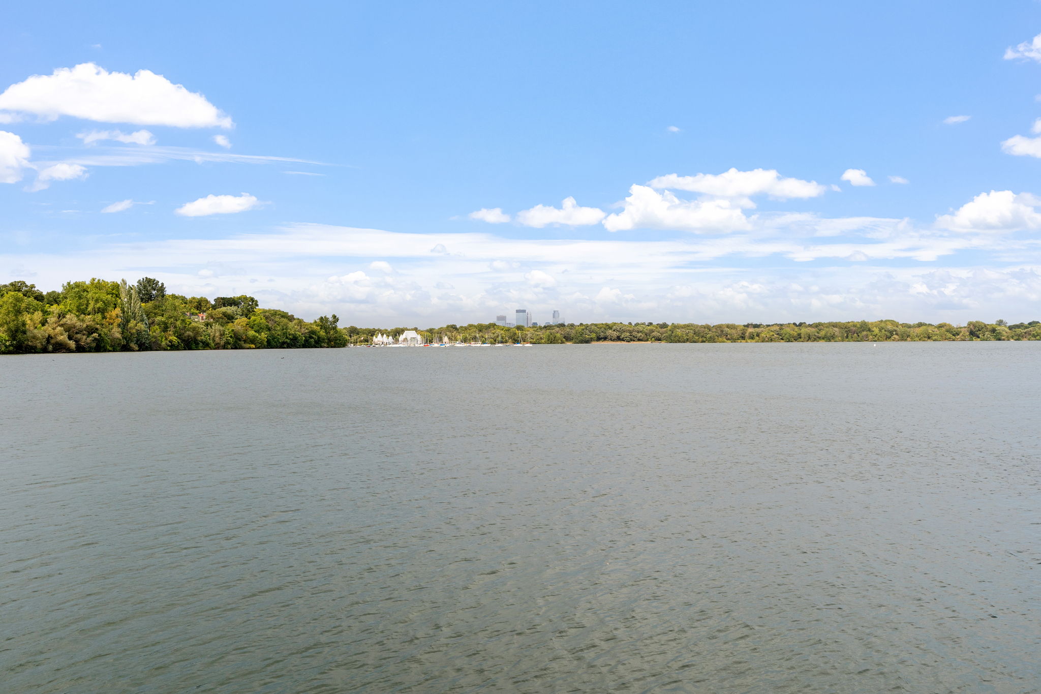 A tranquil view of a lake with lush greenery and distant buildings.