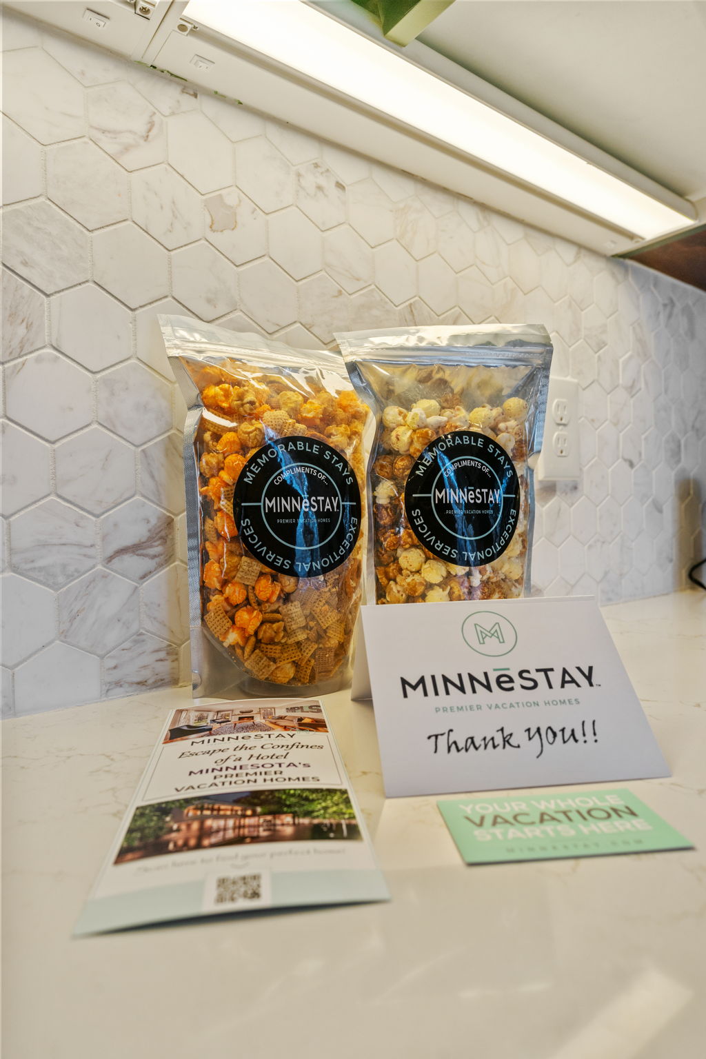 A welcoming display of popcorn and promotional materials from MINNESTAY.