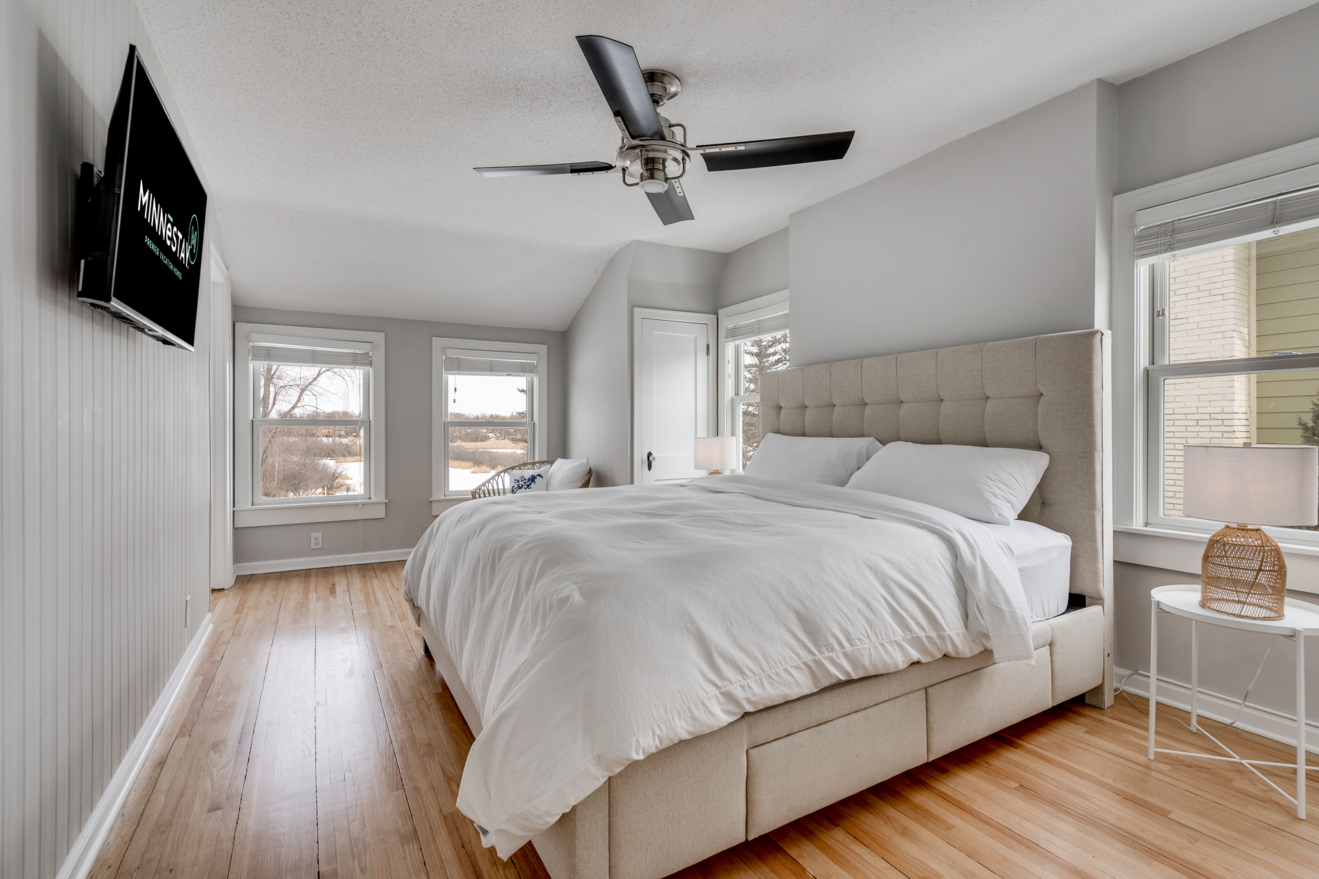 A cozy and serene bedroom with a modern touch.