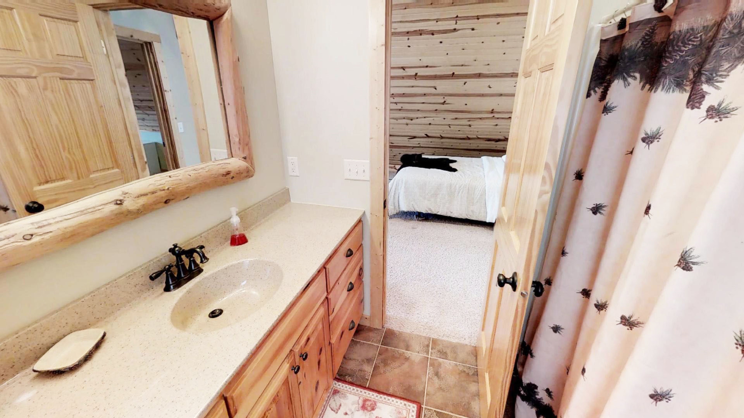Cozy bathroom view with rustic charm and a hint of home.