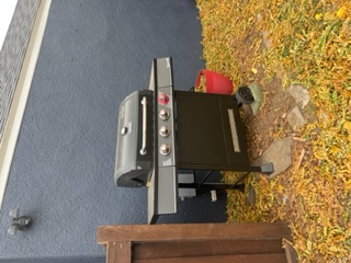 A black gas grill set against a gray wall, surrounded by autumn leaves.