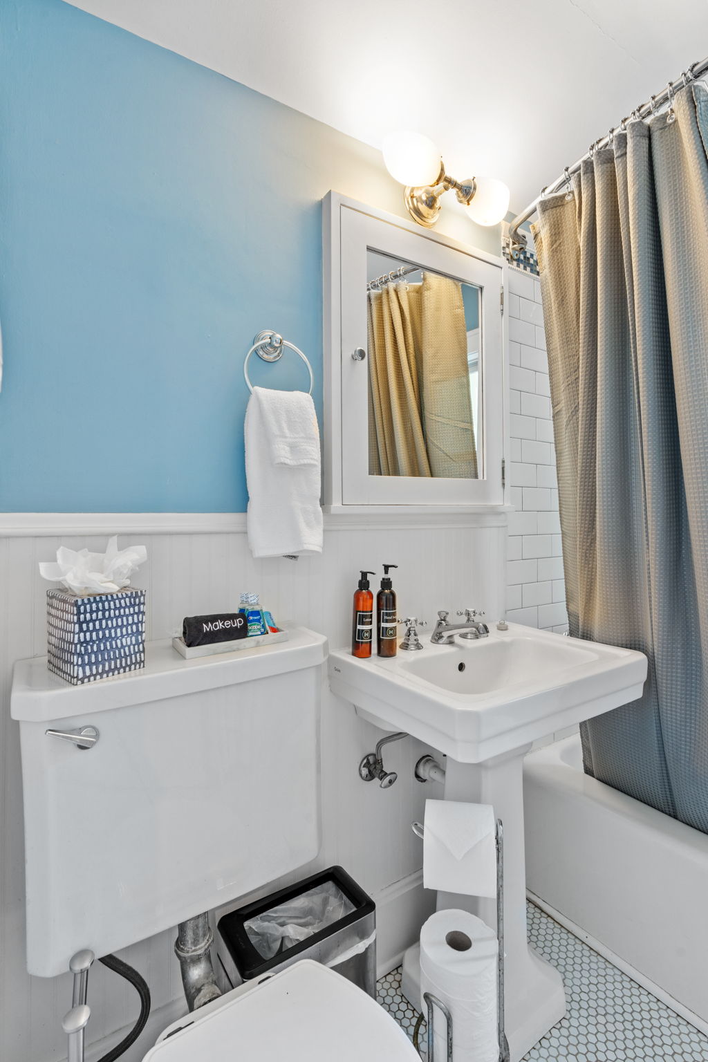 A cozy and well-decorated bathroom featuring blue walls and elegant fixtures.