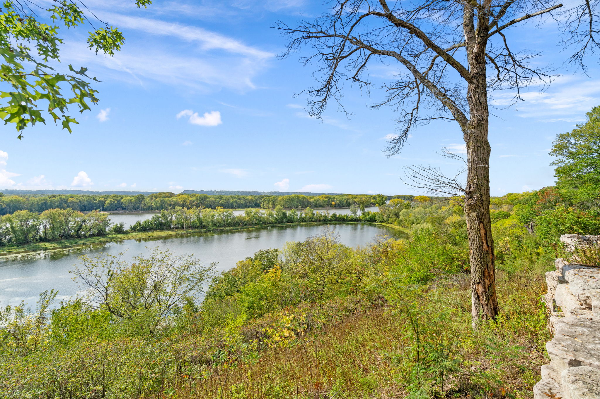 A scenic view of a winding river surrounded by lush greenery and a clear blue sky.