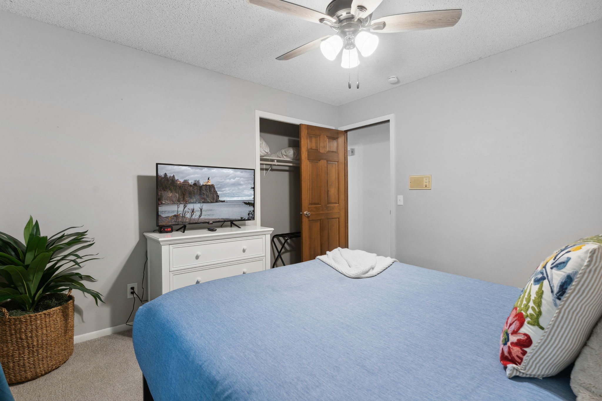 A cozy bedroom featuring a blue bedspread and a vibrant plant, complemented by a TV displaying a coastal landscape.