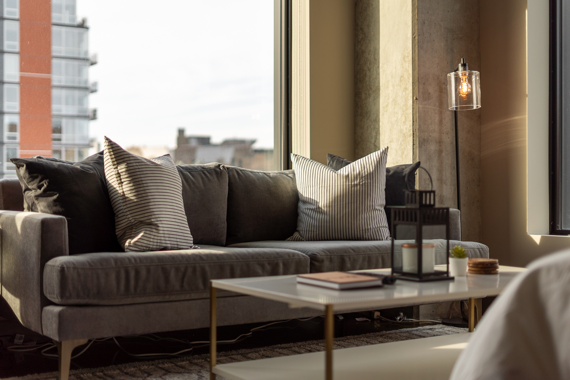 A modern living room featuring a stylish grey sofa with decorative cushions and a bright atmosphere.