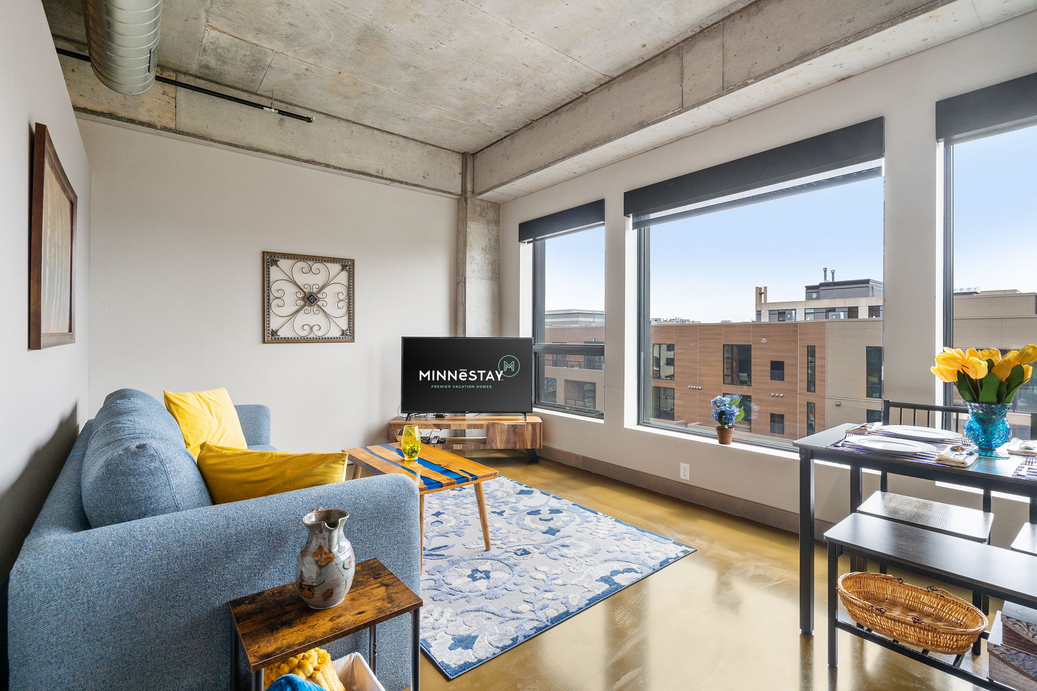 A modern and inviting living space with urban views.
