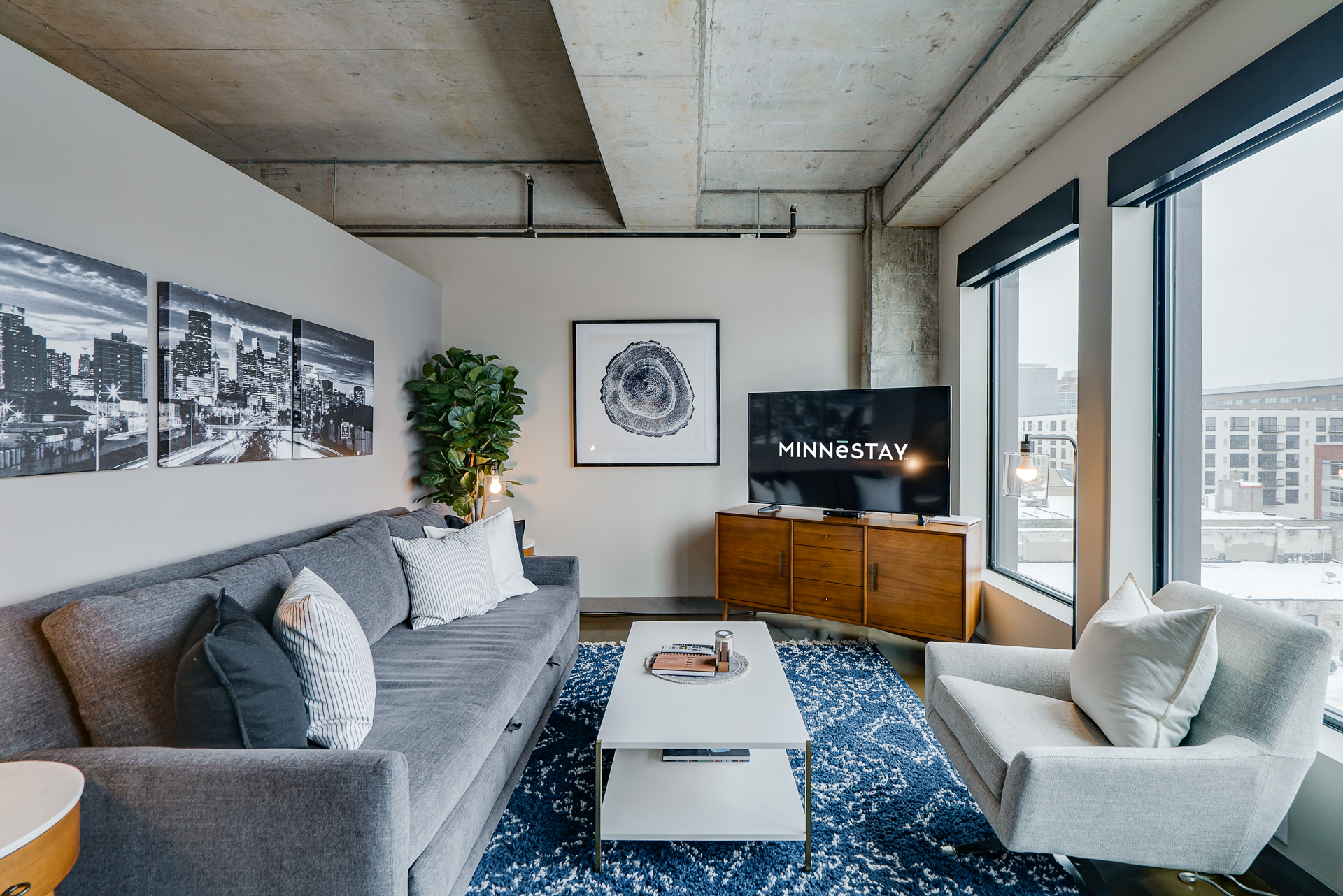 Cozy living room with a gray sofa, stylish decor, and a television displaying the logo 'MINNESTAY'.