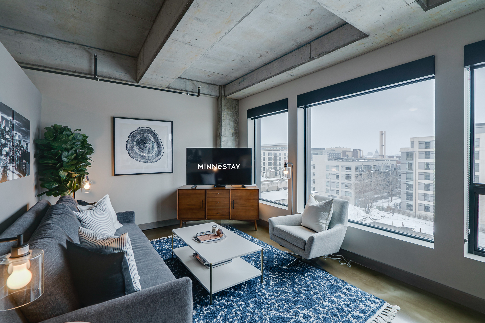 A stylish modern living room featuring a grey sofa, contemporary decor, and a snowy city view.