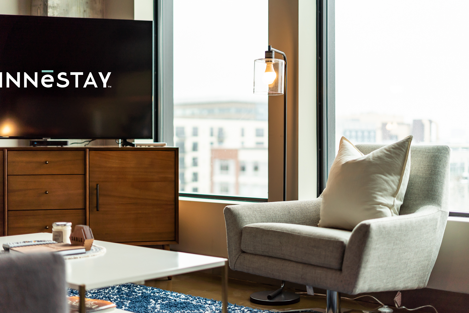 A modern living room with a stylish design and cozy ambiance.