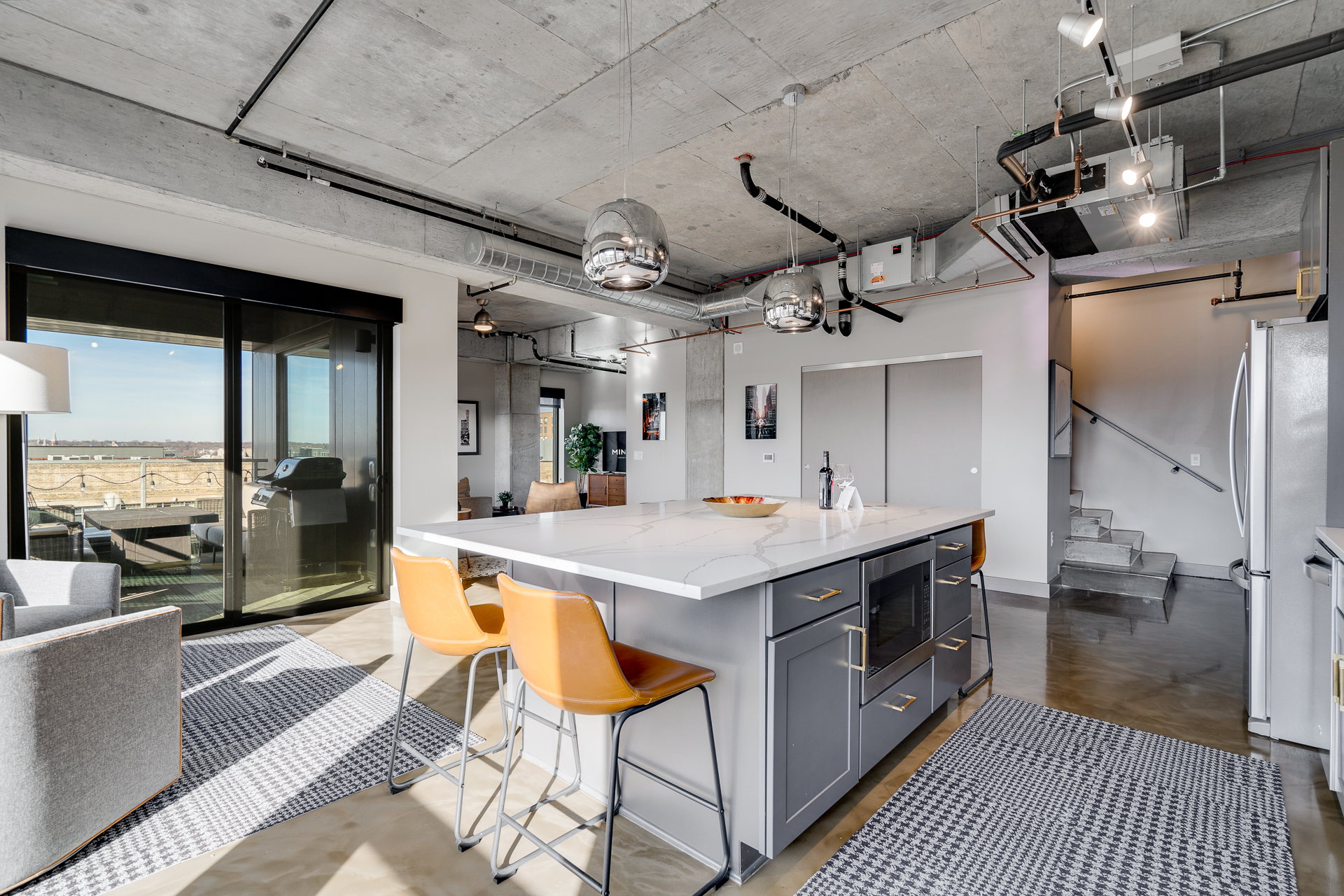 Modern kitchen with an open layout and stunning views.