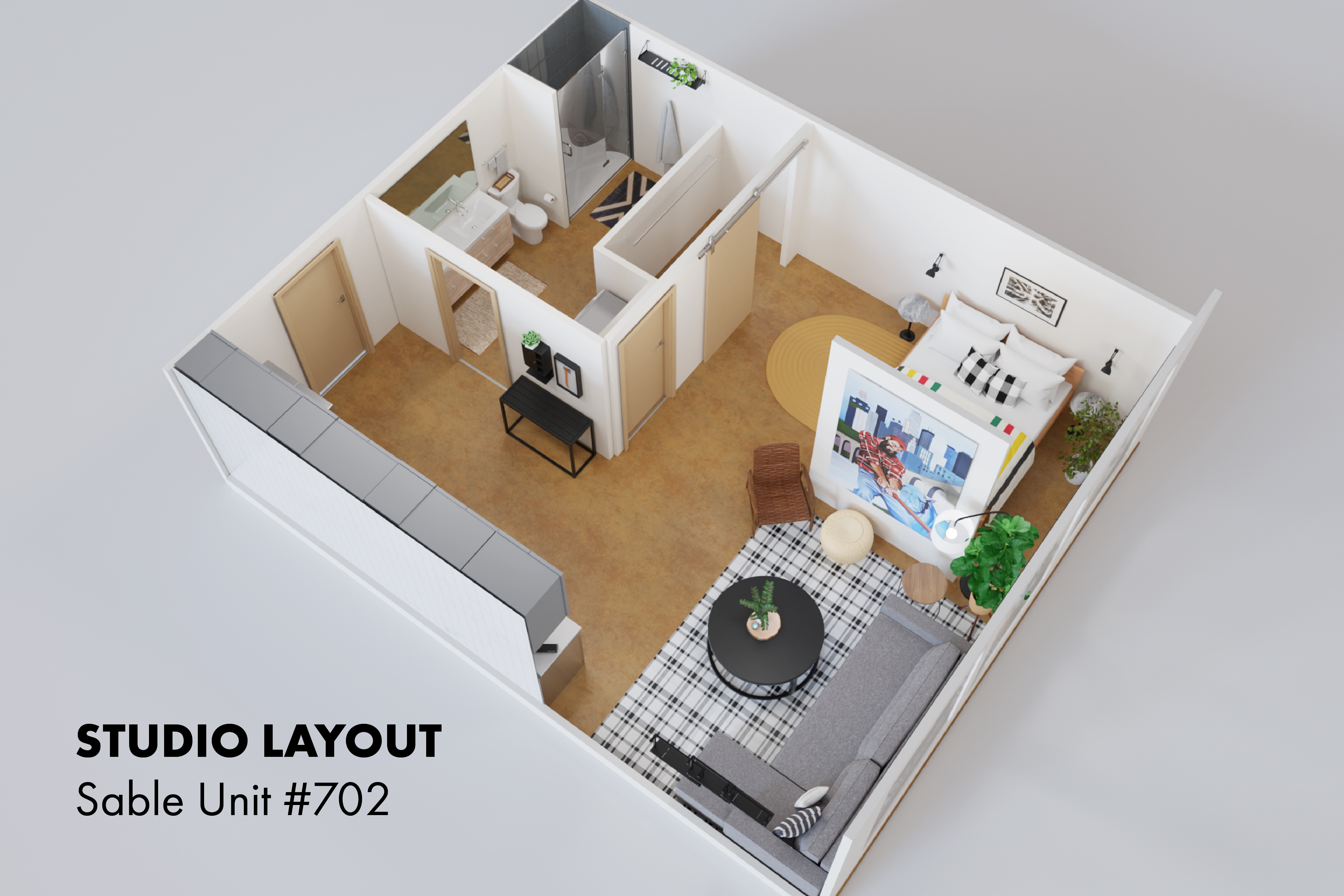 3D layout of Sable Unit #702, a stylish studio apartment.