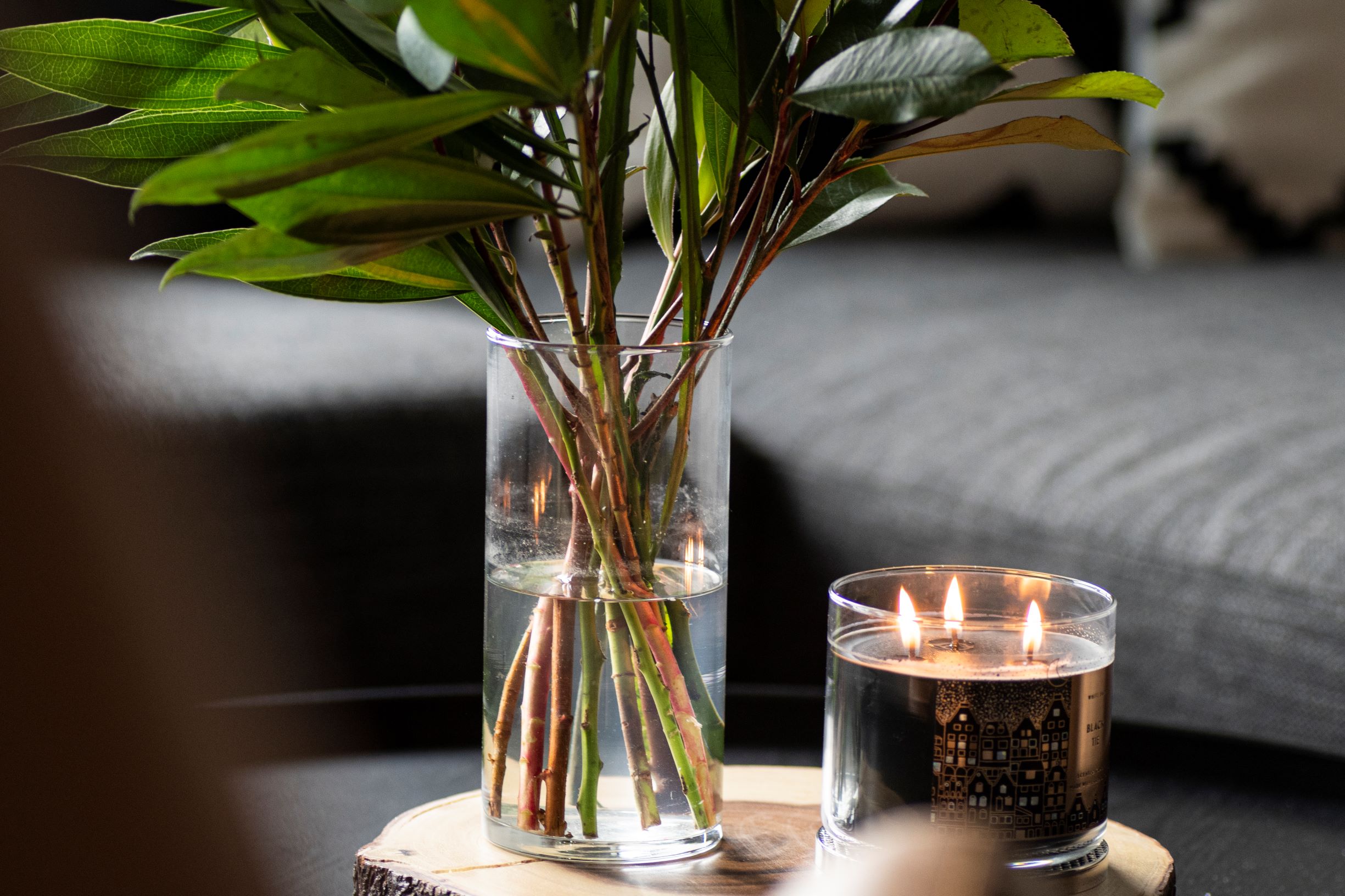 A peaceful arrangement of greenery and a lit candle creates a cozy atmosphere.