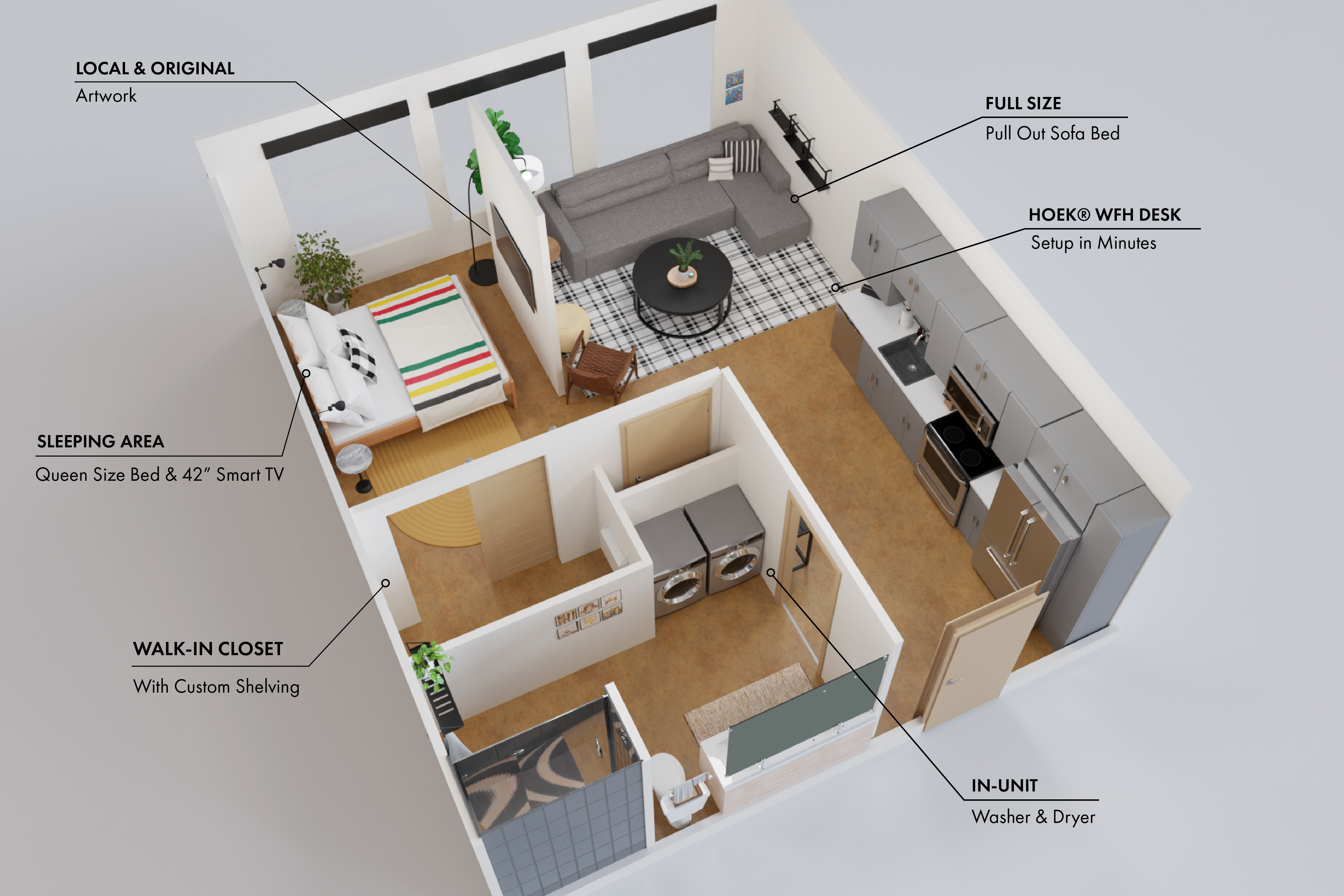 A compact apartment layout featuring a cozy sleeping area, living space, and modern kitchen.