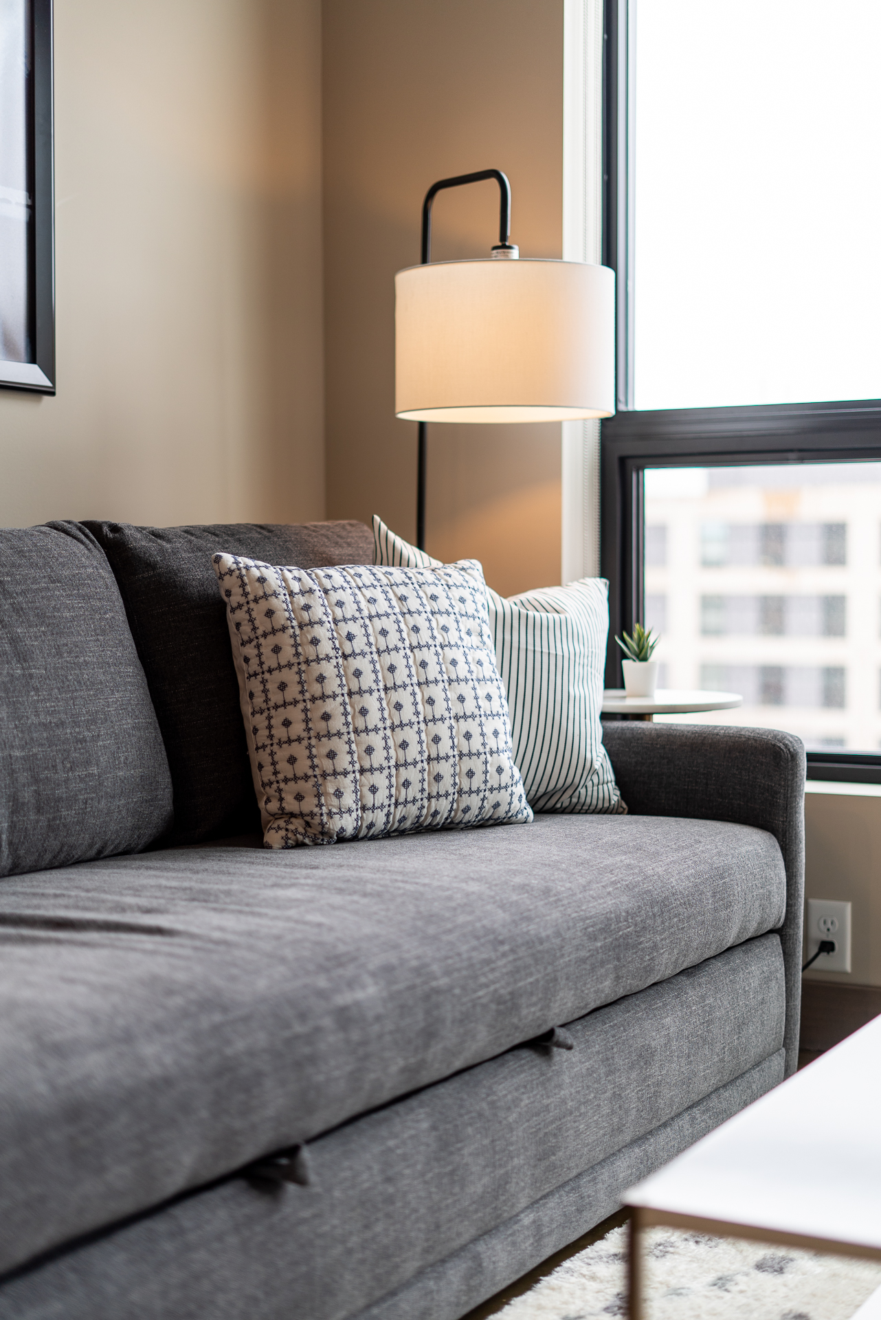 Cozy living room with a gray sofa and decorative pillows.