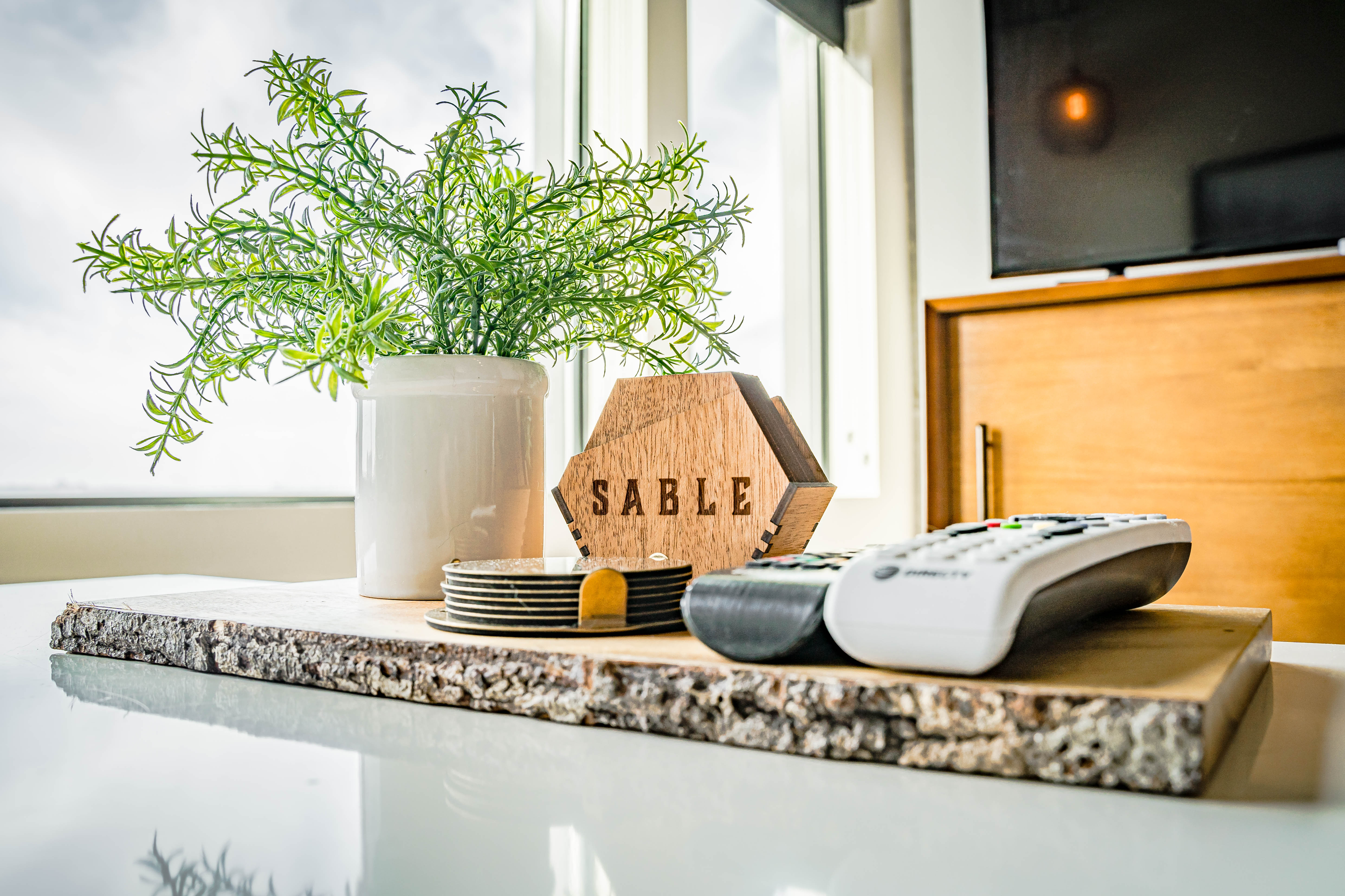 A modern tabletop featuring a plant, wooden sign, and remote control.