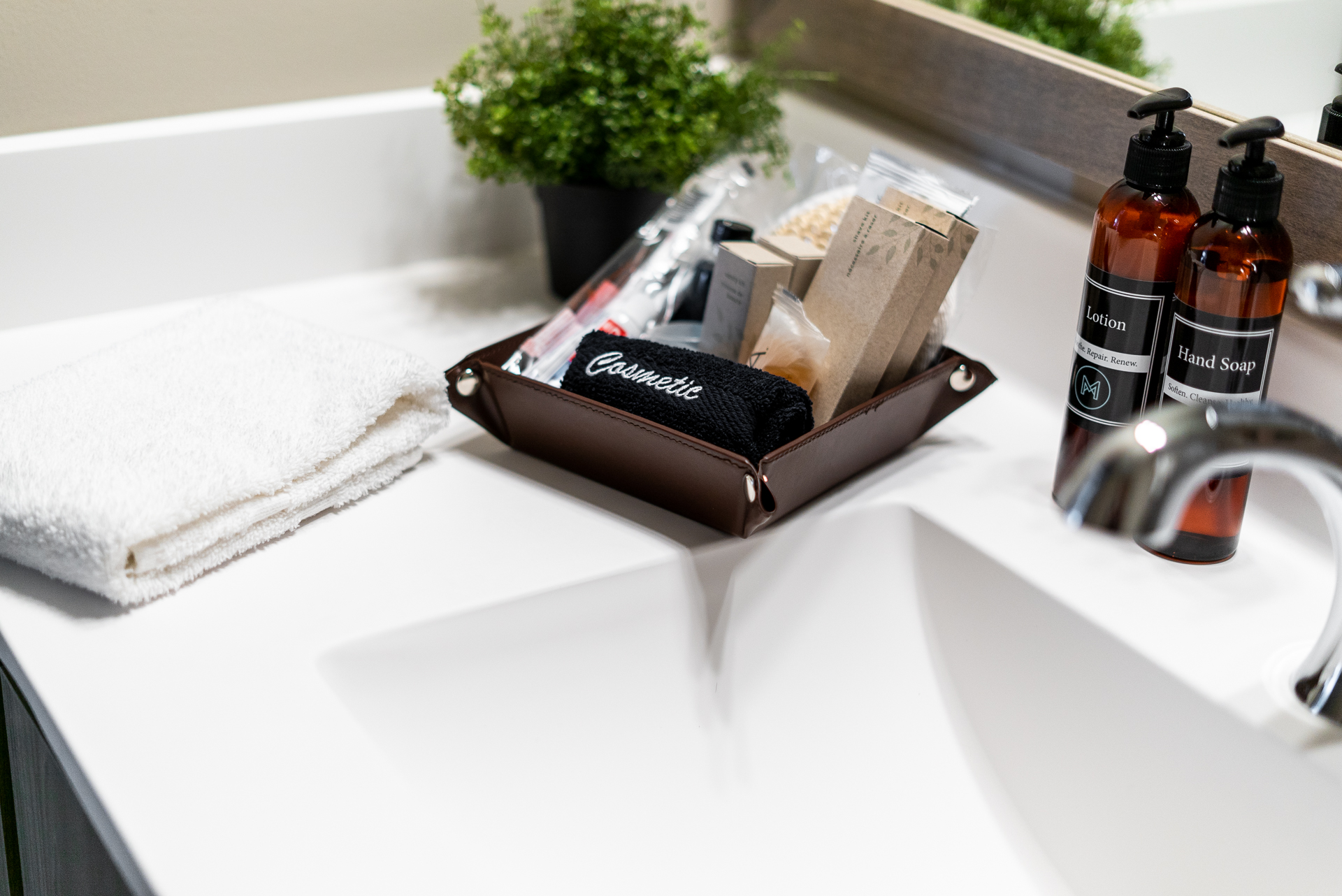 A modern bathroom countertop featuring personal care items and a potted plant.