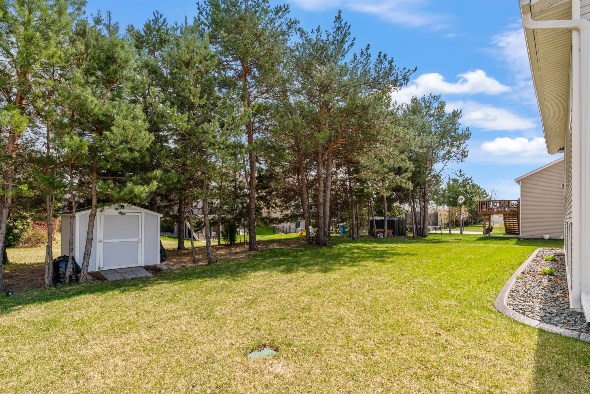 A peaceful backyard featuring a garden shed and lush greenery under a clear sky.