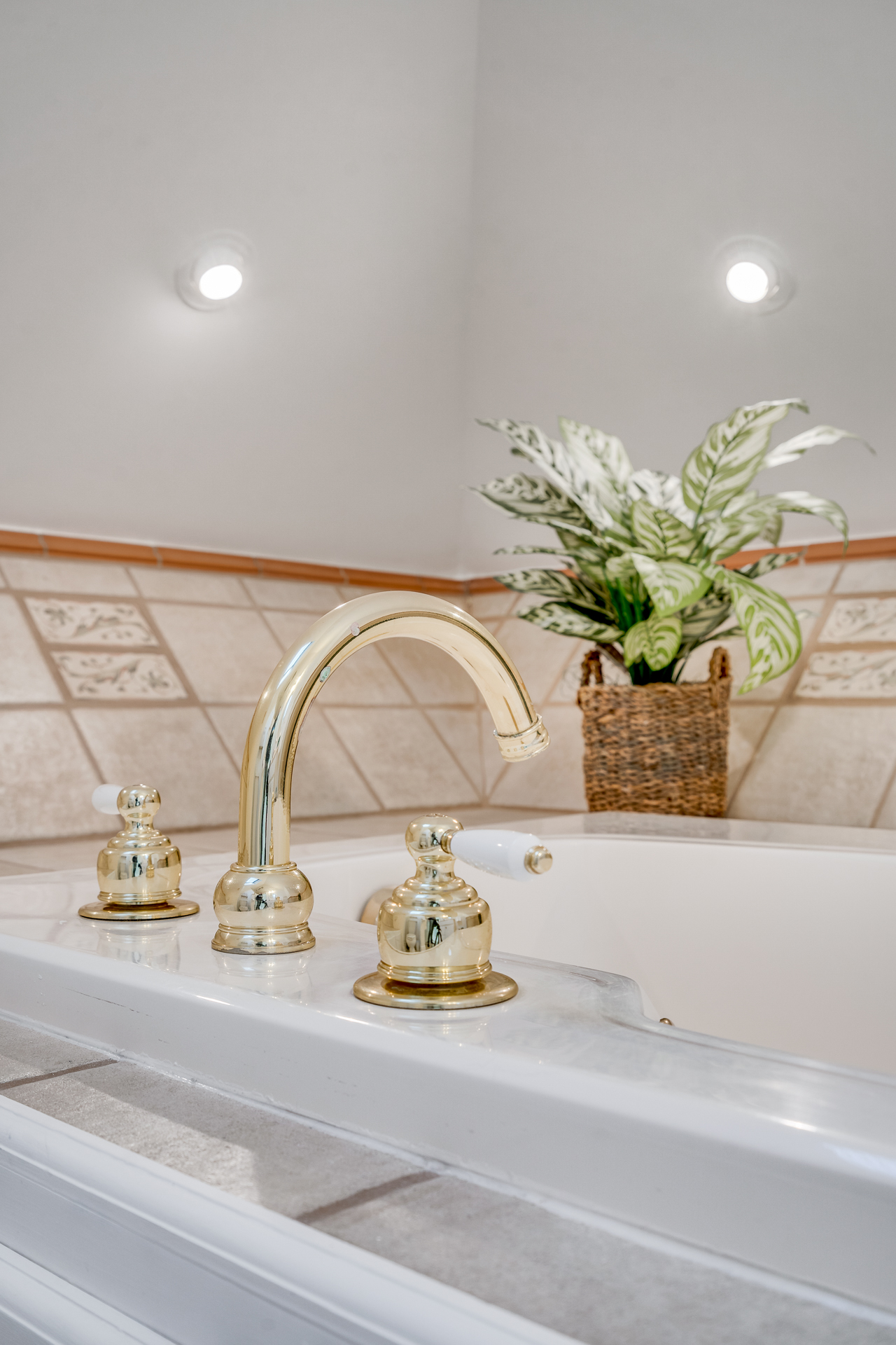 Elegant gold faucet and serene plant arrangement in a luxurious bathroom.