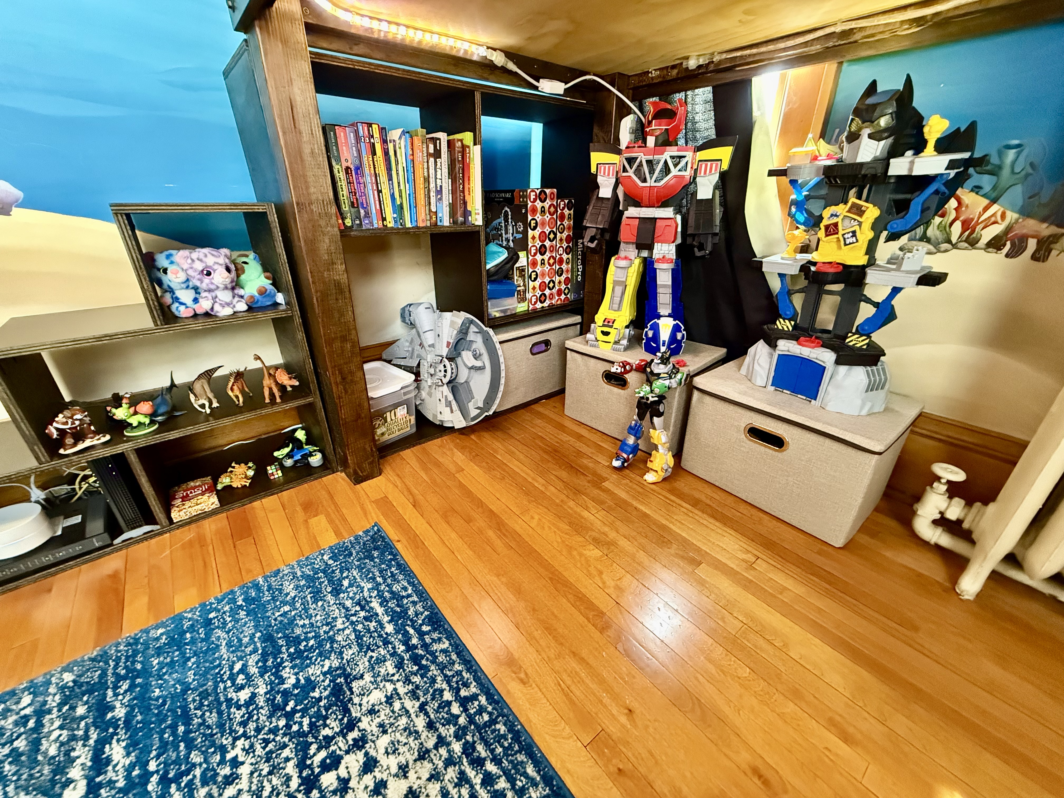 A lively corner filled with toys, books, and colorful decor.
