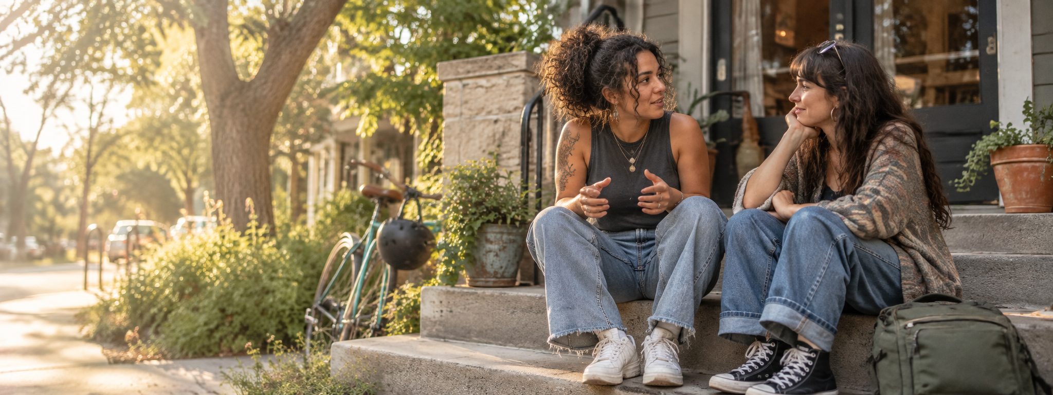 Two young adults on porch steps mid-conversation, one listening closely