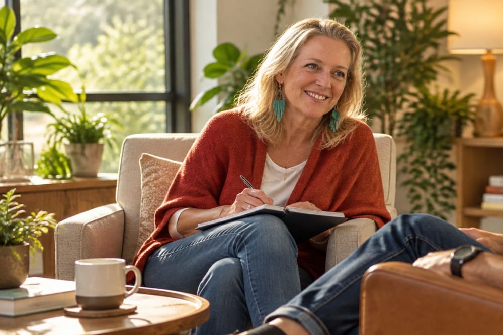 Two people in a relaxed conversation in a bright living room