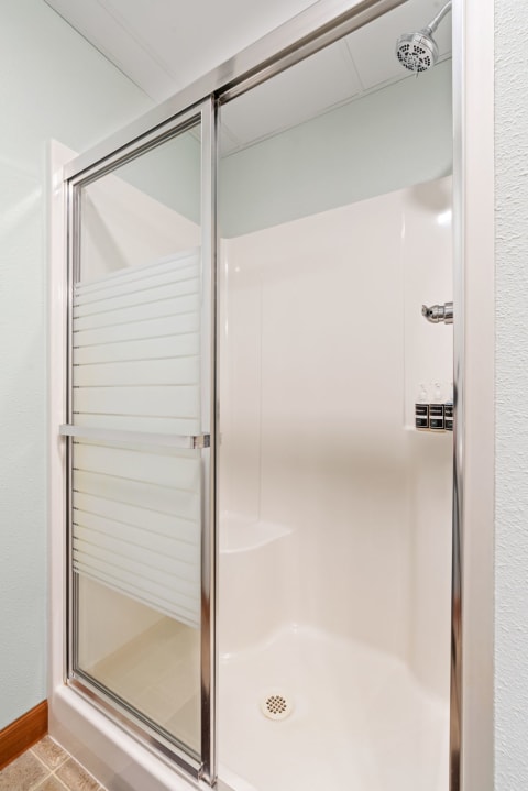 A modern shower with a clear glass door, white interior, and chrome fixtures.
