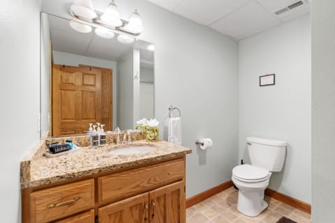 A small bathroom featuring a granite countertop, wooden cabinets, and pastel green walls.