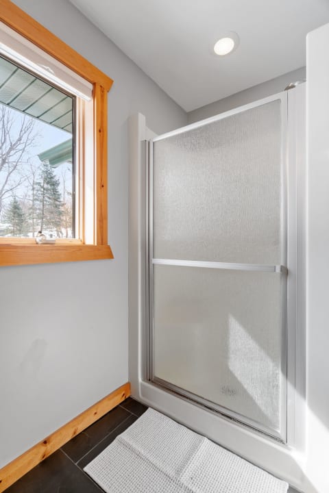 A view of a modern shower in a bathroom with natural light from a window.