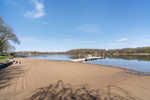 Lakeside view featuring a sandy beach, a wooden dock, and a clear sky.