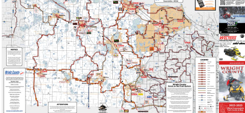 Map of snowmobile trails in Wright County with marked routes and local points of interest.
