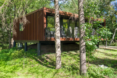 A sleek, elevated wooden cabin surrounded by trees in a green forest.