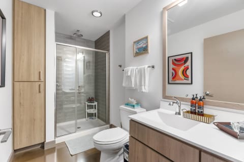 Interior view of a modern bathroom featuring a glass shower, light wood vanity, and decorative artwork.