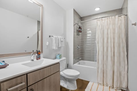 A bright and modern bathroom featuring a shower, bathtub, and sink area.