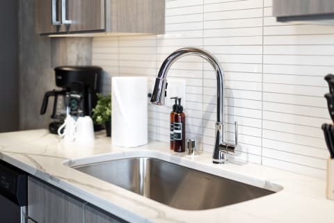 A sleek kitchen sink with a chrome faucet, marble countertop, and modern accessories.