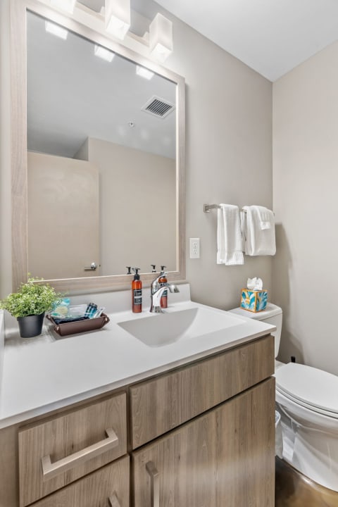 Sleek bathroom featuring a wooden vanity, a white sink, and organized space with toiletries.