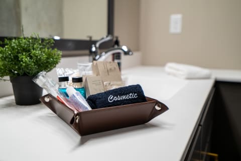 Bathroom counter featuring a leather tray filled with toiletries and a potted plant.
