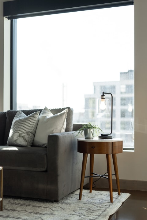 A cozy living room corner featuring a gray sofa, side table with lamp, and small potted plant.