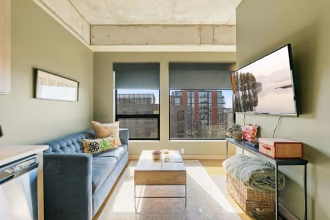A modern living room featuring a blue velvet sofa, a coffee table, and a flat-screen TV.