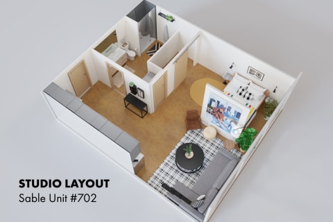 A top-down architectural layout of a studio apartment showcasing different living areas.